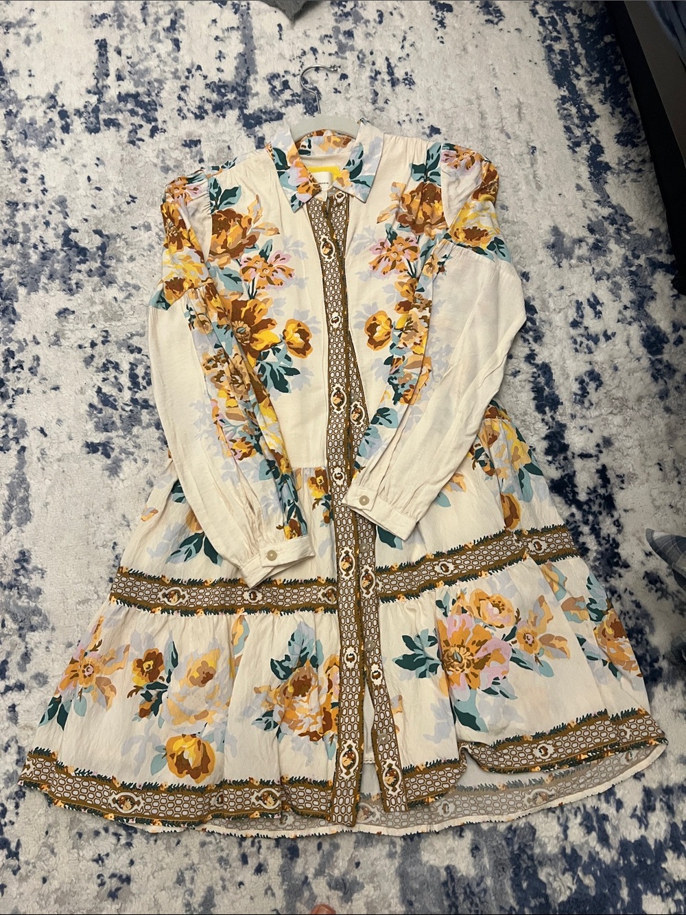 Anthropologie Cream Floral Button-Front Blouse with Mustard & Teal Accents